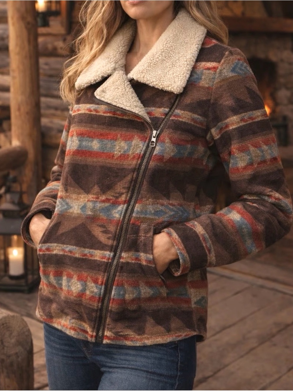 Lauren Ralph Lauren Jacket Aztec Southwestern Outerwear Fleece Collar Size M